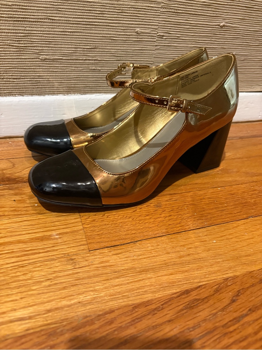 Mary Jane Block Heel Pumps in Gold and Black